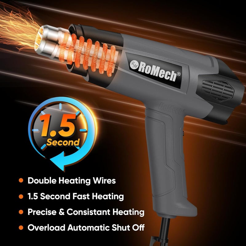 ROMECH 1500W Heavy Duty Heat Gun, Variable Temperature Control Hot Air Gun Kit with 2 Air Flow 120°F~1200°F and 4 Nozzles for Crafts Shrink Wrap (Gray) - Image 3